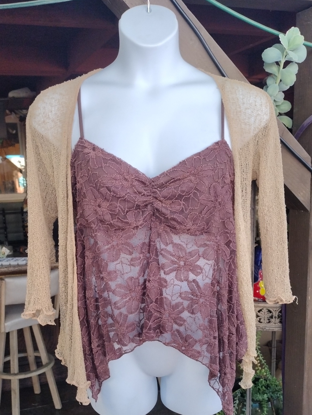 Light Tan Gauzy Nylon Cardigan w/ Brown Gauzy Lace Fairy Camisole